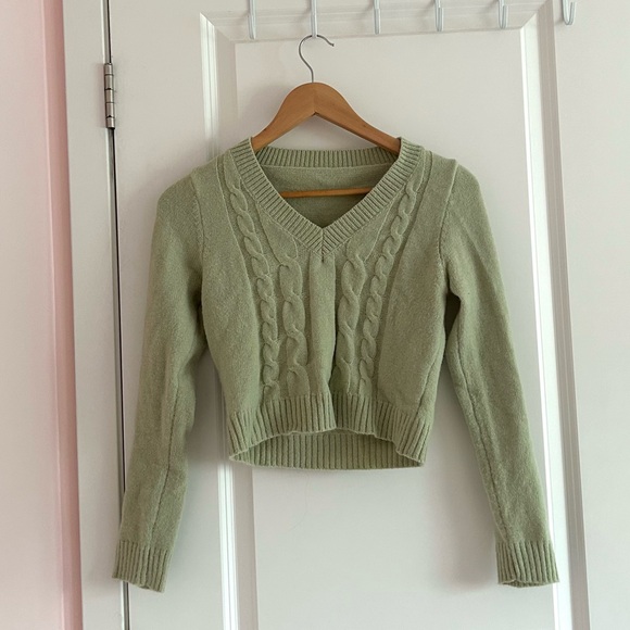 LAST CALL! sage green cable knit cropped sweater - Picture 2 of 4